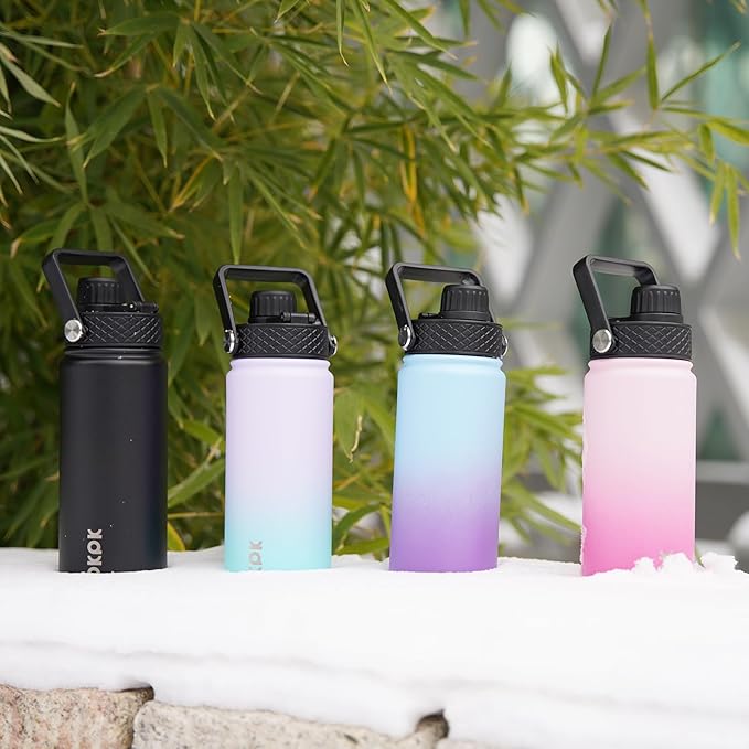BJPKPK 2 Pack Insulated Water Bottles with Straw Lids, 18oz Stainless Steel Metal Water Bottle with 6 Lids, Leak Proof BPA Free Jugs, Cups, Flasks for Travel, Sports (Blossom+Ocean)