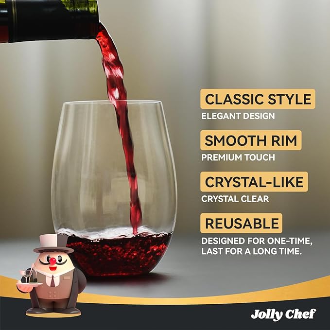 JOLLY CHEF 24 Pack 16oz Plastic Wine Glasses Stemless, Disposable Wine Cups, Premium Quality, Recyclable, Unbreakable, Ideal for Wedding, Birthday, Party, Christmas