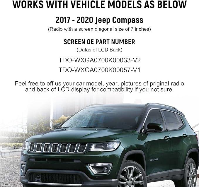 7" Uconnect Screen Replacement LCD Display Digitizer for 2017 2018 2019 2020 Jeep Compass LCD Monitor Screen Radio Navigation Replace TDO-WXGA0700K00033-V2 TDO-WXGA0700K00057-V1