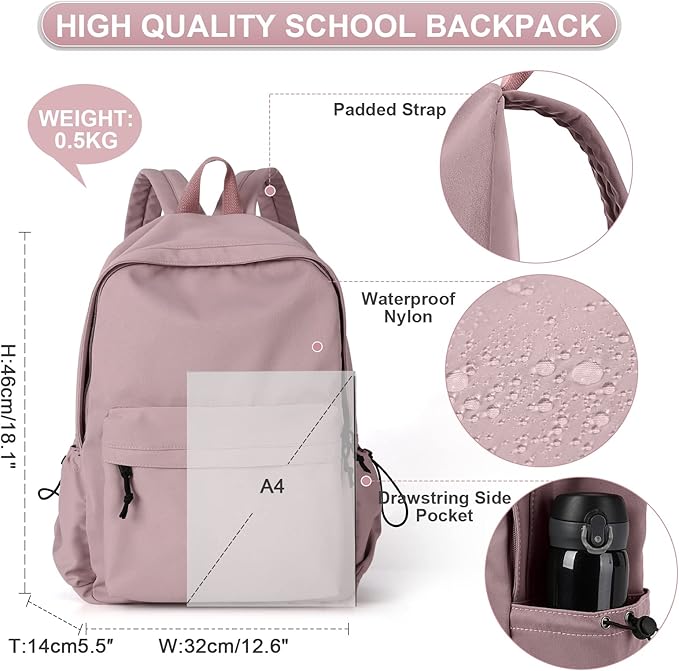 Purple School Backpack for Girls Water Resistant High School Book Bag Simple Backpack for Teens Boys Girls, Lightweight Simple Middle School Back Pack Daypack