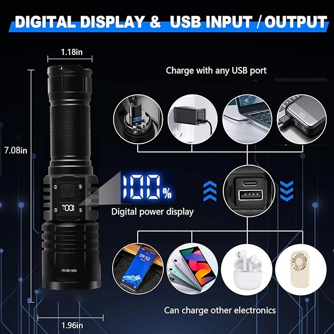 Rechargeable LED Flashlights 10000.00 High Lumens with Ignition Lens,𝟐𝟎𝟐𝟔 𝐍𝐞𝐰 High Powered Waterproof Tactical Flashlight Spotlight Flashlight for Home, Bright Flashlight for Outdoor Camping