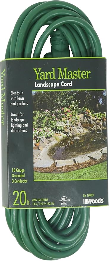 Woods Yard Master Extension Cord - Flexible Power for Patio & Landscape Use - Light Duty - SJTW Extension - 16 Gauge - 3 Prong - Green - 20 Foot