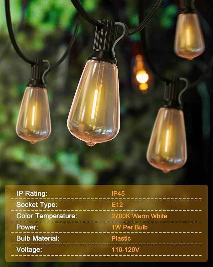 Doukedge Outdoor String Lights Waterproof, 50FT Patio Lights with 26 ST38 Edison Bulbs (1 Sqare), Outside Hanging Decorative Lights for Porch, Blacony, Blackyard, Bistro, Garden, 2700K