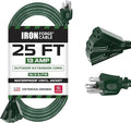 IRON FORGE CABLE 25 Foot Outdoor Extension Cord with 3 Electrical Power Outlets - 16/3 SJTW Durable Green Extension Cable with 3 Prong Grounded Plug for Safety