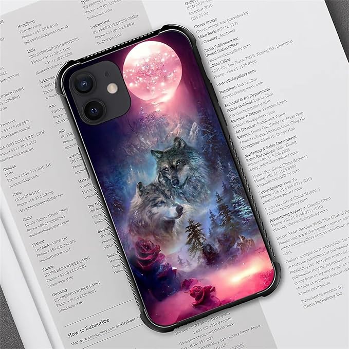for iPhone 12/12 Pro Case, Star Two Wolfs Howling Pattern Graphic Design Girl Boy Soft Silicone Hard Acrylic Shock Protection for iPhone 12/12 Pro