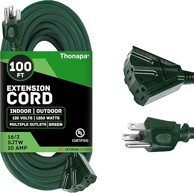 Thonapa Outdoor Extension Cord 100 FT with 3 Outlets - 16 Gauge Green Extension Cord with Multiple Outlets, 3 Prong Weatherproof 16/3 Great for Landscaping, Gardens, Lawn, Lights Decoration