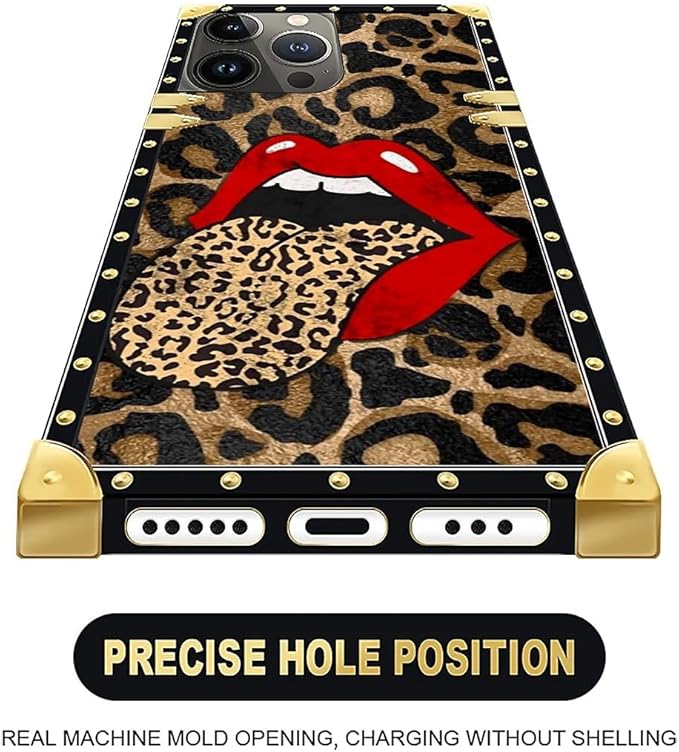 Compatible with iPhone 16 Pro Max Case, Brown Leopard Print Mouth Luxury Golden Decoration for Girl Women Soft TPU Shockproof Protective Hard PC Back for iPhone 16 Pro Max