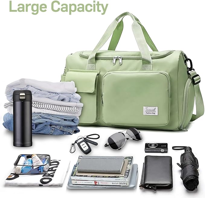 Suruid Travel Duffel Bag with Shoes Compartment Sports Gym Bag with Dry Wet Separated Pocket for Men and Women, Overnight Bag Weekender Bag Training Handbag Yoga Bag - Green