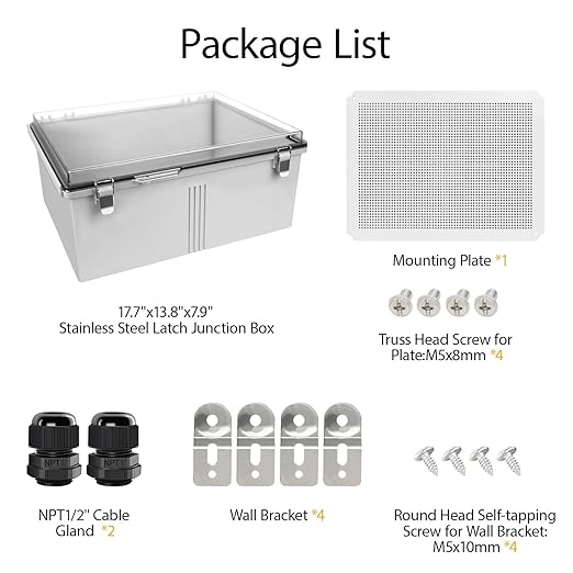 LeMotech Electrical Box, IP67 Waterproof Hinged Clear Cover Stainless Steel Latch Junction Box, ABS Plastic Electrical Enclosure with Mounting Plate,Wall Brackets, Cable Glands,17.7"x13.8"x7.9", Grey