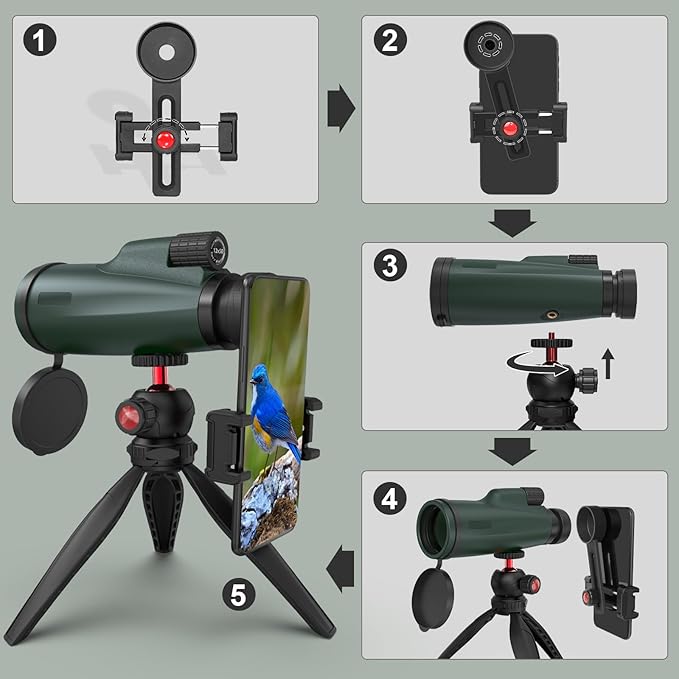 12x50 Monocular Telescope with Smartphone Adapter and Tripod, High-Power Portable Handheld Monoculars for Bird Watching Camping Hiking Concerts