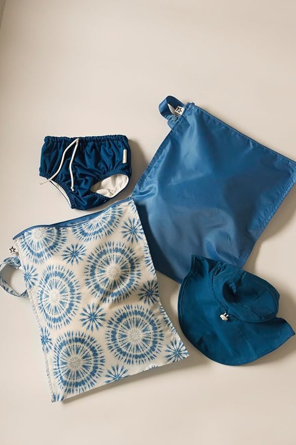Tiny Twinkle Mess Proof Wet Bags | 2-Pack Reusable Waterproof Wet Bags for Swimsuits | Baby Clothes | Travel & Diaper Bag (Blue Tie Dye)
