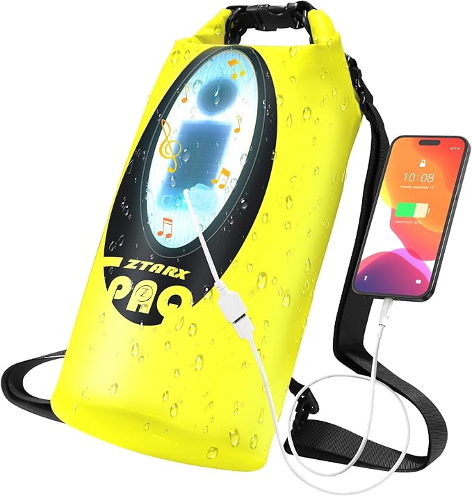 FELICON Solar/Battery Multi-Functional Backpack with Bluetooth Speaker,IP66 Waterproof Dry Bag,Heavy Duty Roll Top Closure,Large Capacity Bag for Camping,Hiking,Traveling (Neon Yellow 20L)