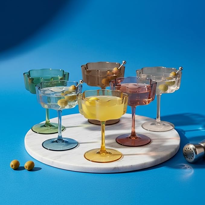 Khen Shatterproof Acrylic Flower Wavy Vintage Art Deco Martini, Champagne & Cocktail Muted Pastel Color Plastic Tritan Coupe Glasses | 6 Set | 8.5oz Glassware Classic Cocktail Indoor & Outdoor Set