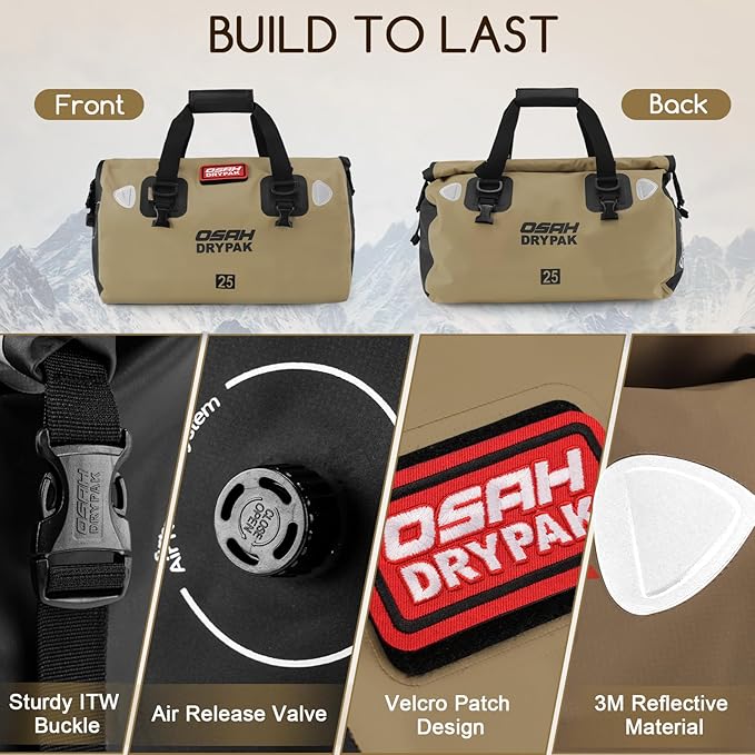 OSAH DRYPAK Waterproof Duffel Bag - Motorcycle Dry Bag Tail Bag with Large Storage Space, Waterproof Luggage Duffle Bags with Outer Mesh Zipper Pocket for Camping, Kayaking, Fishing & Traveling