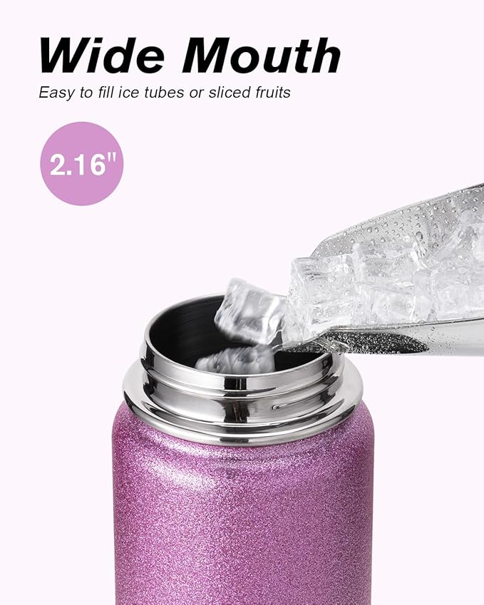 Coolflask Water Bottle 24 oz Insulated with Straw, Stainless Steel Metal 3 Lids Water Flask Wide Mouth for Sports or Office, Non-BPA Keep Cold Up to 48 Hrs or Hot Up to 24 Hrs, Glitter Pink
