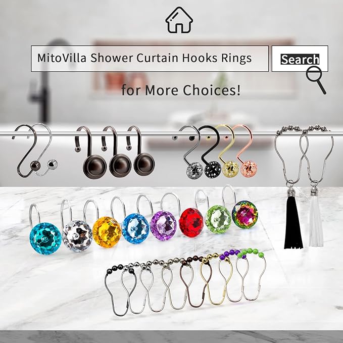 MitoVilla White Clear Shower Curtain Hooks 24 Pcs Set, Metal Shower Hooks for Shower Curtain Liner, Rust Proof Shower Rings for Curtain Accessories and Bathroom Shower Rod