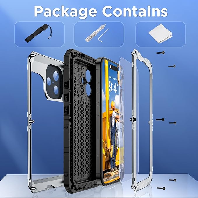 Mitywah Waterproof Case for iPhone 16 Plus, Shockproof Heavy Duty Case with Built-in Screen Protector, Underwater Full Body Protective Metal Case 6.7 inch, Silver