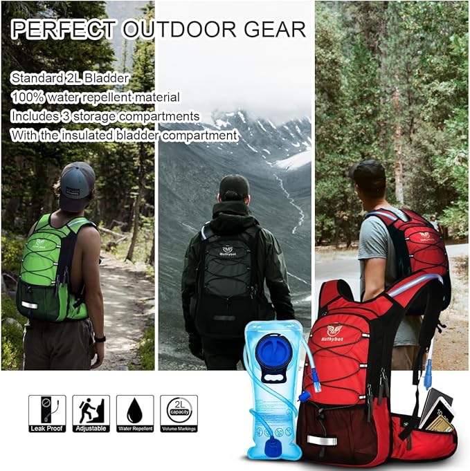 Mothybot Hydration Pack, Insulated Hydration Backpack with 2L BPA Free Water Bladder and Storage, Hiking Backpack for Men, Women, Kids for Running, Cycling, Camping - Keep Liquid Cool up to 5 Hours