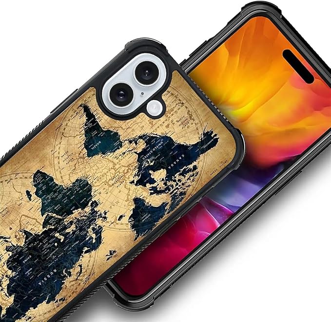 for iPhone 16 Case, Brown World Map Pattern Graphic Design Girl Boy Soft Silicone Hard Acrylic Shock Protection for iPhone 16