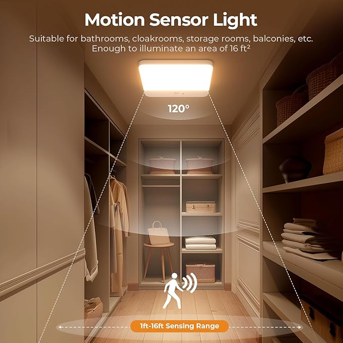FULEN Motion Sensor Ceiling Light Fixture, Cordless Closet Light Battery Operated, Rechargeable Magnetic Mount LED Shower Light for Bathroom,Stairs,Garage,Hallway, Color Change, 2 Pack
