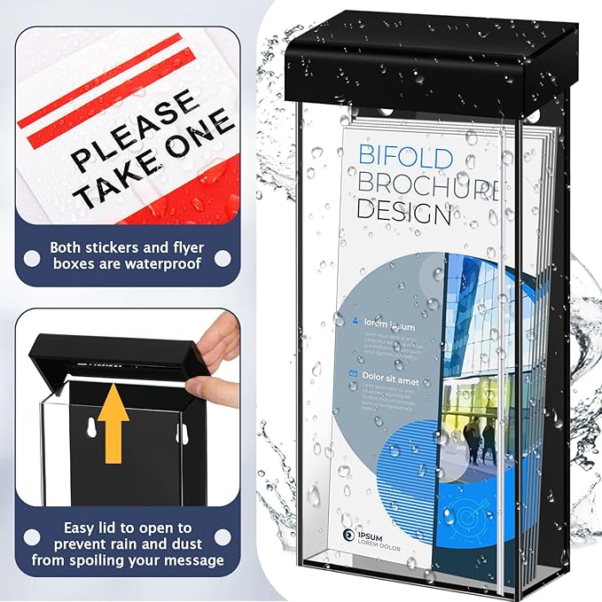 Remerry 1 Pcs Outdoor Brochure Holder 4 x 9 Inch Waterproof Wall Mount with Take One Sticker Literature Box with Clear Pamphlet Holder Acrylic Brochure Flyer Display Map Menu Envelope(Black)