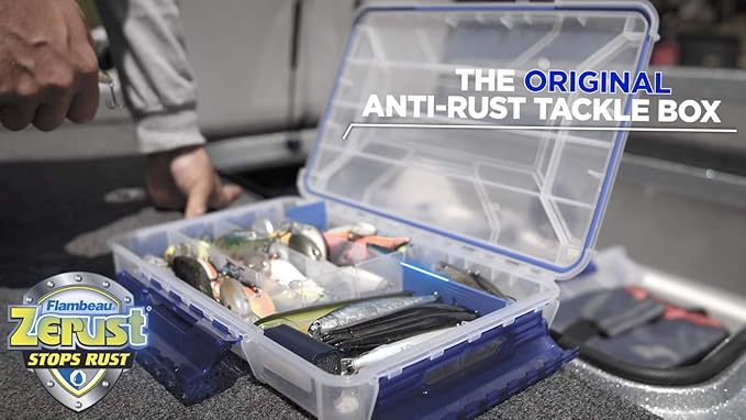 Flambeau Outdoors 4007 Tuff Tainer Fishing Tackle Box with Zerust Anti-Rust Dividers - Includes 12 Dividers, 24 Compartments, Clear Fishing Lure Organizer - 11" x 7.25" x 1.75"