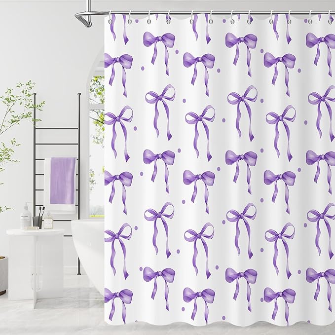 Purple Bow Shower Curtain, Purple and White Modern Aesthetic Bowknot with Polka Dot Cute Girly Bathroom Curtain Waterproof Fabric Machine Washable with Hooks, 72" Wx96 L