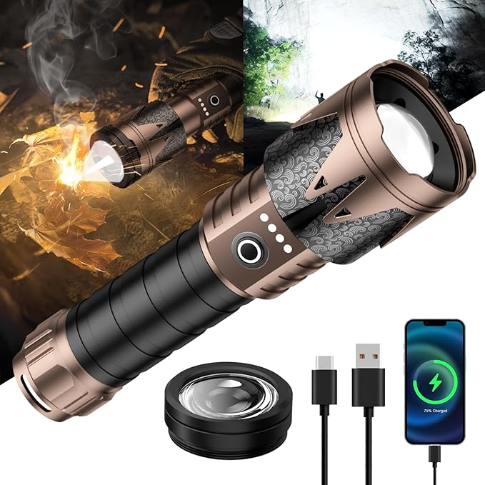 SKYFIRE Rechargeable Flashlight with Ignition Lens,5000 Super Bright Tactical Flashlights High Lumens Zoomable,6Modes,Waterproof LED Flash Light for Camping Essentials Outdoor&Home Emergency-Upgraded