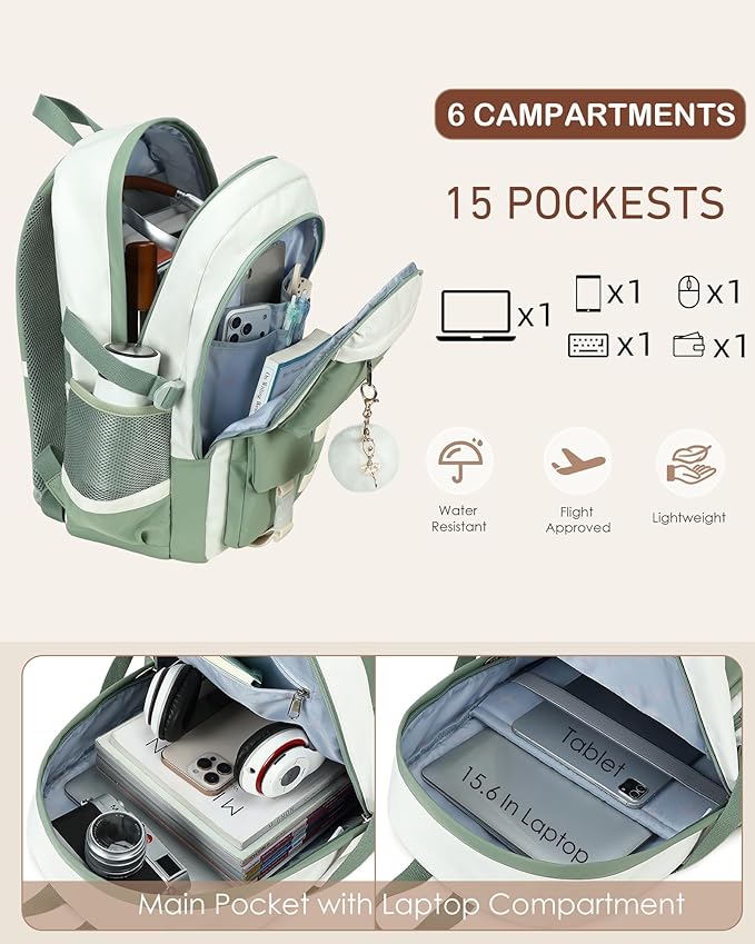 Hidds Laptop Backpack For College Women Elementary Middle High School Bag Teen Girls Bookbag Travel Daypack Backpacks (Green Beige)