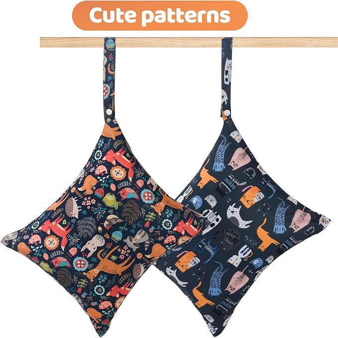 2pcs Cloth Diaper Wet Dry Bags Waterproof Reusable with Two Zippered Pockets Travel Beach Pool Daycare Soiled Baby Items Yoga Gym Bag for Swimsuits or Wet Clothes-Animal