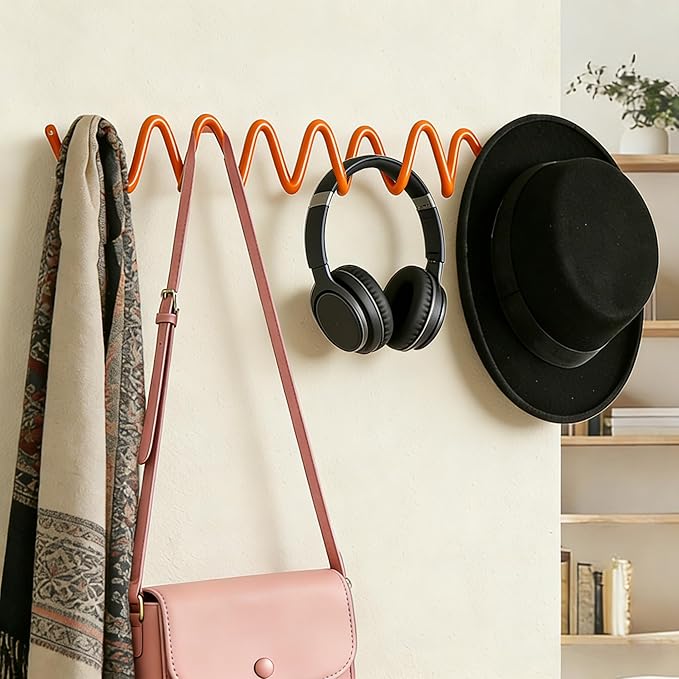 Orange Wall Mounted Coat Rack, Decoration Wave Shaped Wall Hooks, Multi-Purpose Hooks for Coat, Hat, Bag, Umbrella, Heavy-Duty Metal Rail for Bedrooms, Living Rooms, Bathrooms(19.69" x 2.56")