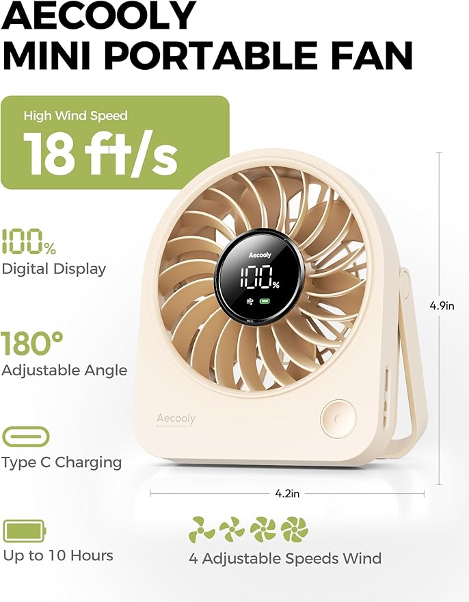 Aecooly Mini Portable Fan, Small Enough to Hold USB Desk Fan, 4 Speeds Quiet Rechargeable [10H Max Cooling Time], 180° Adjustable Battery Powered Personal for Travel, Office, Gifts for Women -Beige