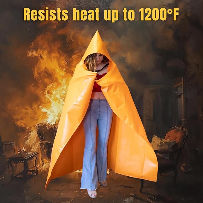 Supa Ant Fire Blanket -Certified 1500F Extra Thick, Glow in The Dark Fireproof Emergency Supplies. 500gsm, 0.5mm Thick Wearable Fire Blankets for Home. Emergency Blanket with Cape and Hood 70"x55"