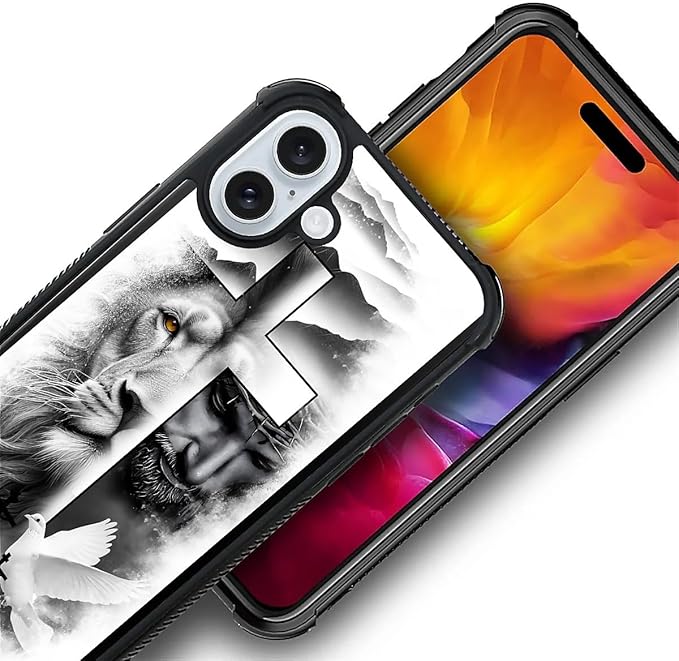 for iPhone 16 Plus Case, Lion Cross Jesus Christ Dove Pattern Graphic Design Girl Boy Soft Silicone Hard Acrylic Shock Protection for iPhone 16 Plus