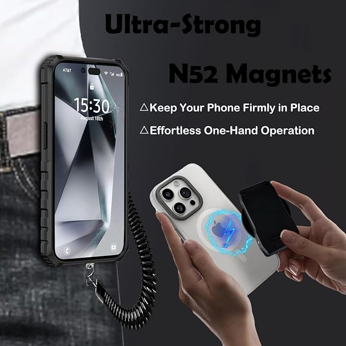 Strong Magnetic Phone Belt Clip with Safety Strap for MagSafe, Hands-Free Phone Holder Mount Compatible with iPhone Samsung Google Moto for Hiking Travel Backpack Outdoor Tactical Gear – EYJ