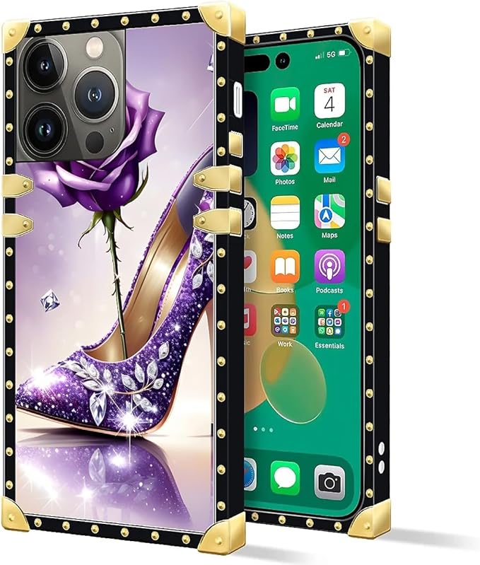 Compatible with iPhone 14 Pro Case, High Heeled Purple Diamond Rose Luxury Golden Decoration for Girl Women Soft TPU Shockproof Protective Hard PC Back for iPhone 14 Pro
