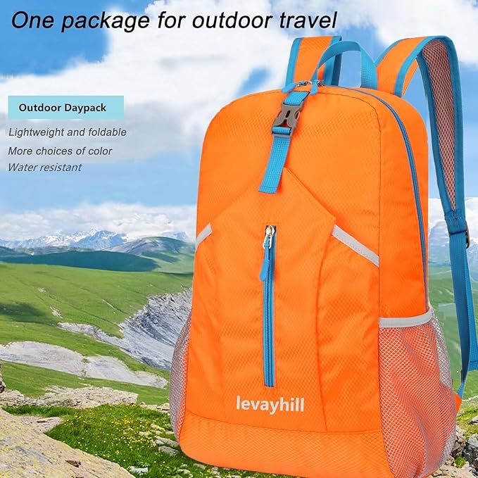 levayhill 25L Foldable Hiking Backpack Lightweight Packable Basic-Daypack Collapsible Bag Water-Resistant Travel Men Women Camping Cycling Outdoor (Orange)