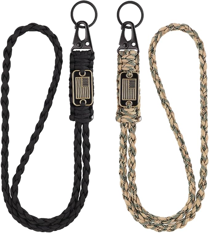 2pcs Heavy Duty Braided Paracord Lanyard Keychains with USA Flag, Parachute Rope Necklace for Outdoor Activities