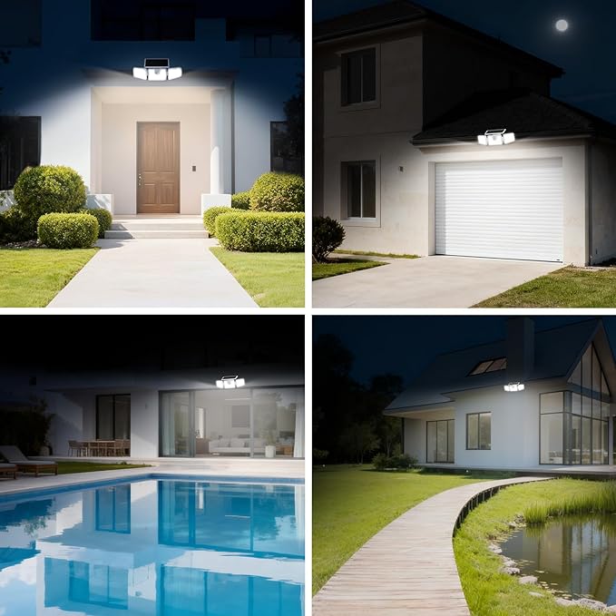 INCX Solar Motion Sensor Lights Outdoor, 3 Heads Security Lights Solar Powered, 156 LED Flood Light Motion Detected Spotlight for Garage Yard Entryways Patio, IP65 Waterproof, White, 1 Pack