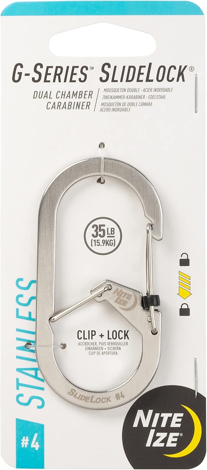 Nite IZE G-Series SlideLock #4 Dual Chamber Carabiner, Dual Security Carabiner Keychain, Stainless Steel