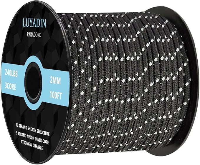 Reflective Paracord 240lb - Diameter 2mm Micro Utility Cord -3 Strand Parachute Spool Cord - 100ft 200ft,Paracord for Camping,Hiking,Fishing,Outdoor and DIY