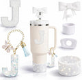 6PCS White Stanley Cup Accessories Set Fit for Stanley Cup 30oz 40oz. Including Handle Charm, Personalized Initial Sticker, Straw Topper, Sparkly Silicone Boot, Spill Proof Stopper (Letter-J)