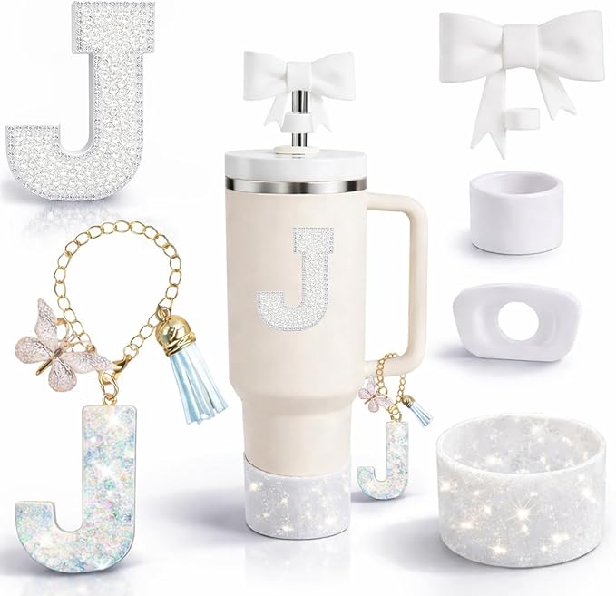 6PCS White Stanley Cup Accessories Set Fit for Stanley Cup 30oz 40oz. Including Handle Charm, Personalized Initial Sticker, Straw Topper, Sparkly Silicone Boot, Spill Proof Stopper (Letter-J)
