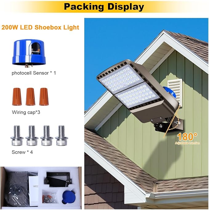 200W LED Parking Lot Light Outdoor,28000LM Bright Dusk to Dawn Floodlights Trunnion Yoke Wall Mount 5500K IP65 Waterproof Commercial Shoebox Barn Security Yard,Garage,Street Light 3 Pack