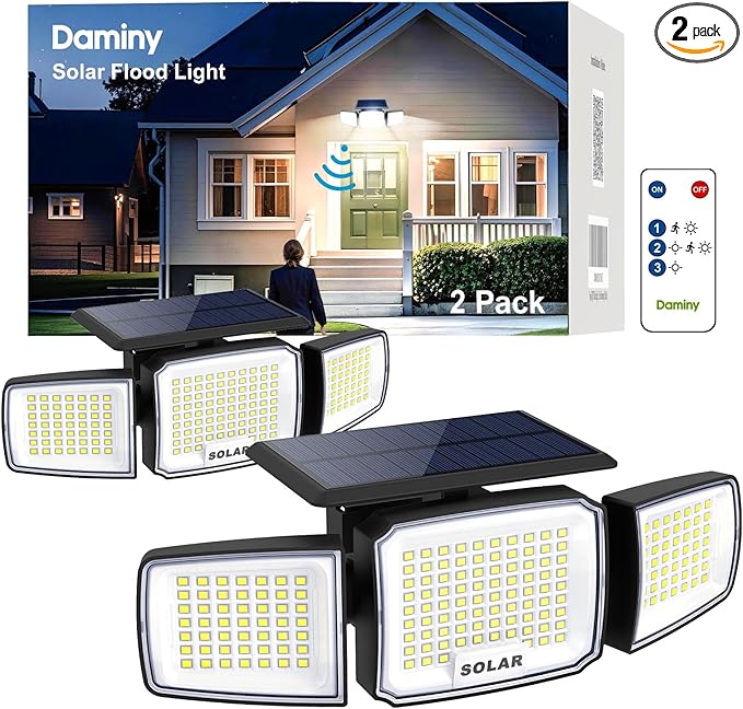 DAMINY Solar Security Light with Motion Sensor,Super Bright LED,Solar-Motion Lights Outdoor Waterproof,Easy Install,3 Heads 270°Wide Angle Flood Light with 3 Lighting Modes-2 Pack