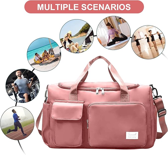 Suruid Gym Bag for Women Men, Travel Duffle Bag Large Capacity Carry On Weekender Bag With Shoe Compartment Gym Tote Dry Wet Separation Duffel Bag with Makeup Bag, Pink