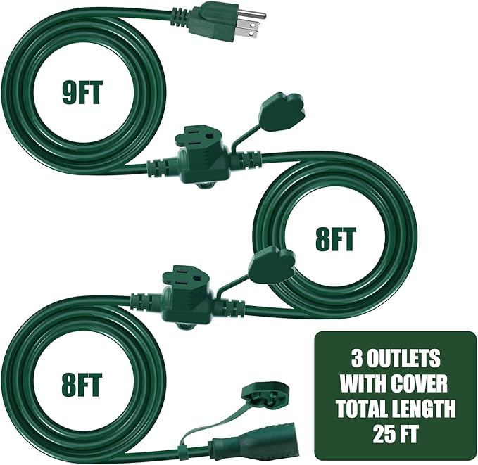 25Ft Outdoor Extension Cord Multiple Plugs- Evenly Spaced 3 Outlets Plugs with Safety Cover, 16/3 SJTW Green Outdoor Extension Cord for Landscape, Christmas Tree Lights, Holiday, ETL Listed