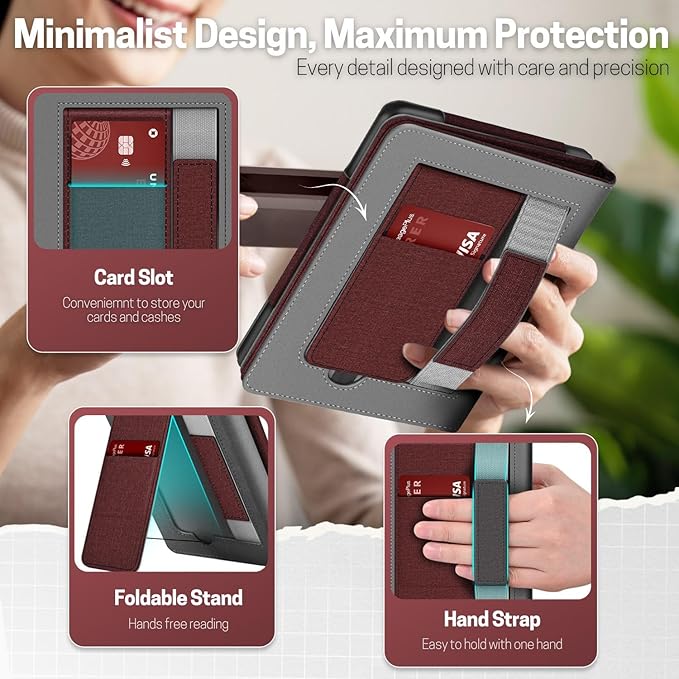 TNP Stand Case with Strap for Kindle Paperwhite 12th Gen 2024 / Kindle Colorsoft Signature Edition - 7" PU Leather Protective Folio Cover with Auto Wake/Sleep & Card Slot, Dark Red