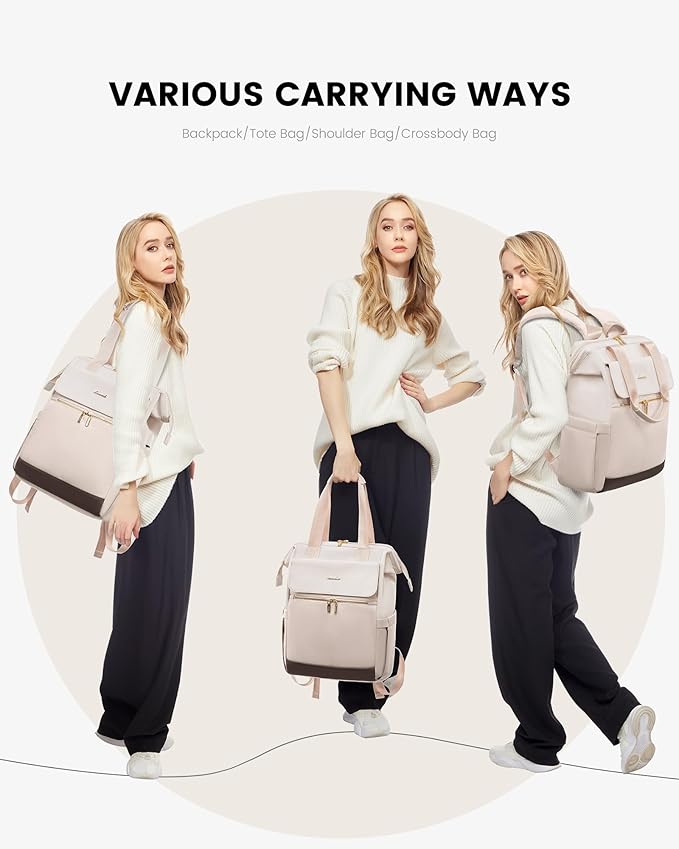 LOVEVOOK 17.3 Inch Laptop Backpack for Women, Large Capacity Travel Backpack with Organizer Bag, Waterproof Carry on Backpack Purse Work Bag with USB Port for Teacher Nurse, Beige-Nude