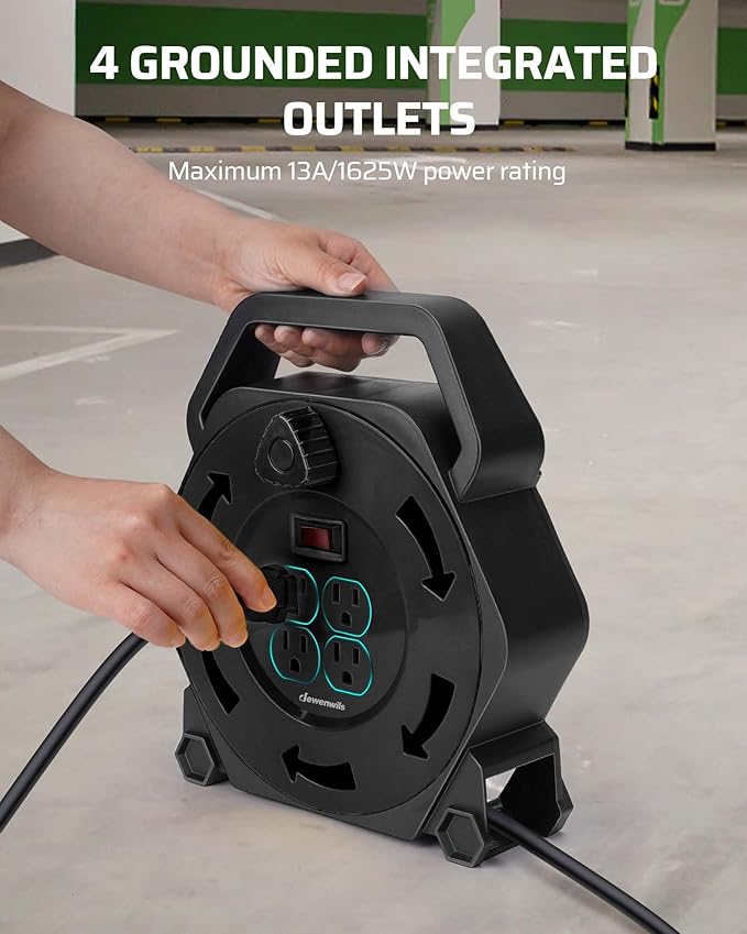 DEWENWILS Extension Cord Reel with 25 FT Power Cord, Hand Wind Retractable, 16/3 AWG SJTW, 4 Grounded Outlets, 13 Amp Circuit Breaker, Black, UL Listed